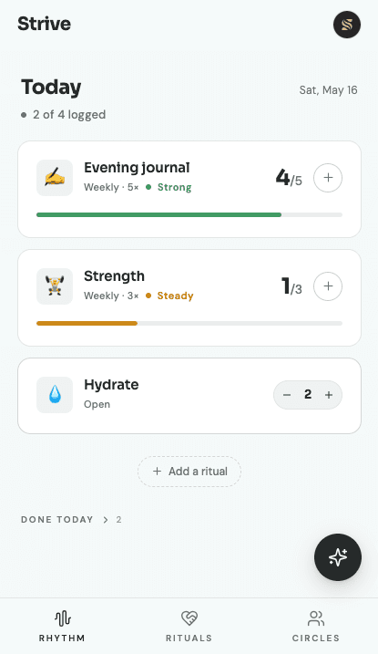 Strive Rhythm screen showing today's rituals at a glance